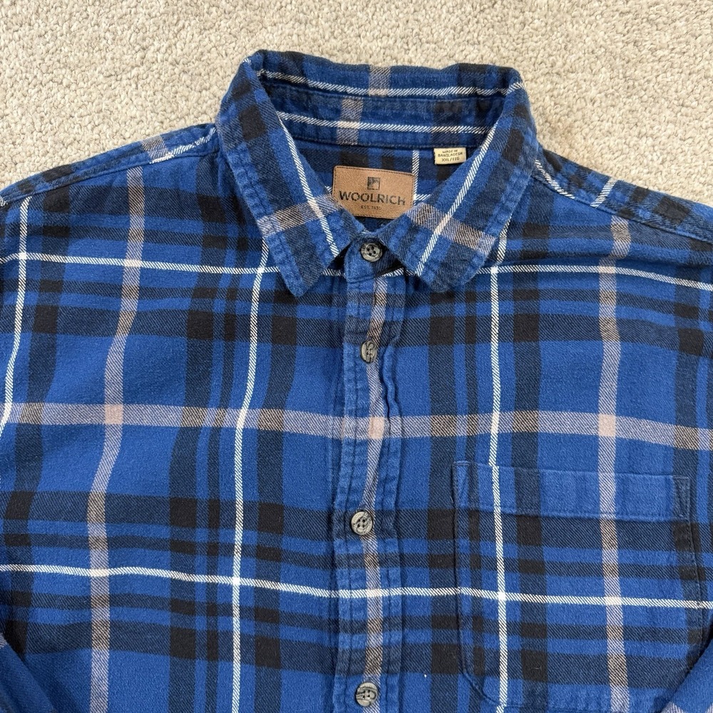 Woolrich Button Front‎ Flannel Shirt XXL Blue Black Plaid Outdoor Workwear